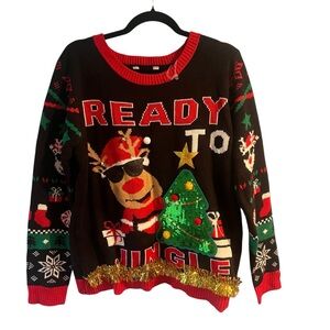 No Boundaries Juniors XXXL Ugly Sweater Ready To‎ Jingle Sequin Jingle Bells